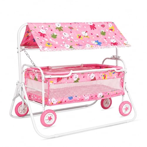 Image of BabyGo Baby Cradle with Swing, Mosquito Net & Canopy | 0-12 Months | Foldable 2-in-1 Rocking Cradle Cot with 4 Wheels & Brake | Soft Bed | Metal Frame | Pink (Large)