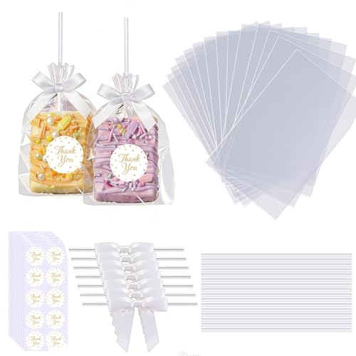100PCS Clear Rice Krispie Treat Bags with Ribbon Bow and Thank You Stickers, Flat Cellophane Bags for Individually Wrapped Cake Pops, Cakesicles,Candies, Chocolates, Marshmallow, Macarons, Cookies(White)