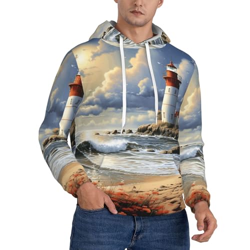 Men's Fleece Pullover Hoodie Long Sleeve Hooded Sea Lighthouse Sandbeach Sweatshirt Casual Shirts With Pockets