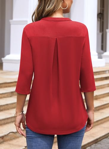 Image of Womens 3 /4 Sleeve Tops Plus Size V Neck Zipper Business Casual Blouses for Office & Going Out Soft Knit Tunics, M-3XL