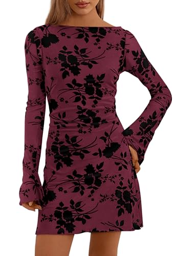 Image of PRETTYGARDEN Women's Fall Floral Long Sleeve Mini Dress | Printed Sheer Mesh, Bell Sleeve Boat Neck, Bodycon Short Dresses, Party Date Night, Cute Casual Outfits, Fashion Clothing