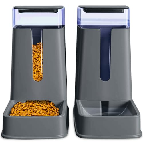Automatic Cat Feeder and Cat Water Dispenser in Set 2 Packs Automatic Dog Feeder and Dog Water Dispenser 1 Gallon for Small Medium Big Dog Pets Puppy Kitten (deep Gray)