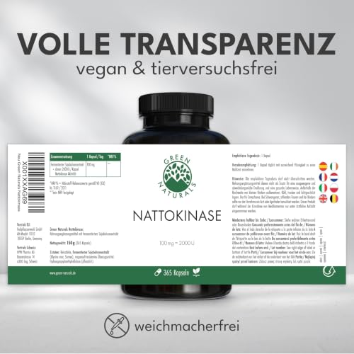 Green Naturals Nattokinase – Hochdosiert: 100 mg – 365 Kapseln