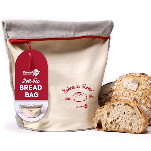 KNEADACE Reusable Bread Bags for Homemade Bread -Stylish Sourdough Bread Storage with Roll-Top Design, 100% Cotton & Food-Safe Lining, Freezer & Refrigerator Friendly, Gift for Bakers (Gray/Cream)