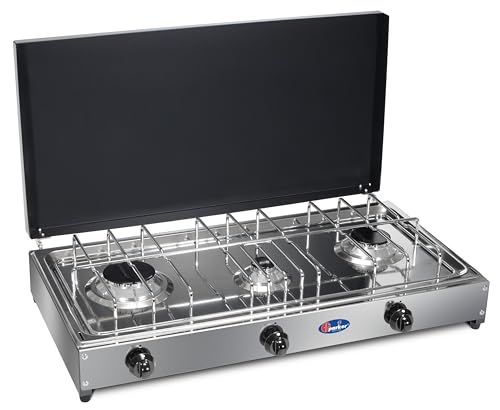 CFParker Fornello 3 Fuochi a Gas Metano con Pianale in Acciaio Inox e Coperchio Grigio Grafite per Uso Esterno - 5523GSPm