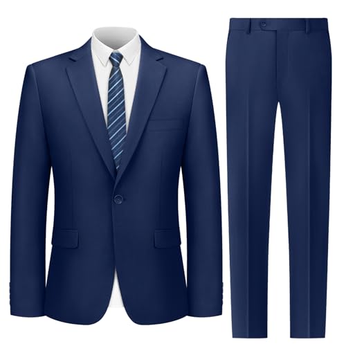 Cooper & Nelson Mens Suit 2 Piece Set One Button Slim Fit Tuxedo with Jacket Pants Tie for Wedding Business Prom Navy Blue L