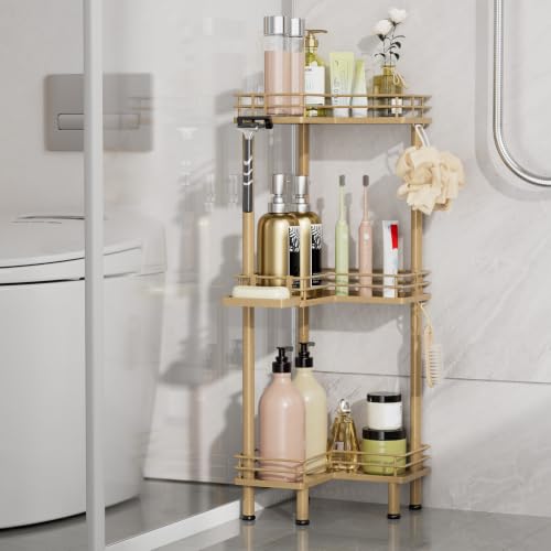 Image of Consumest Corner Shower Caddy Standing - 3-Tier Stainless Steel Shower Organizer with Soap Holder and 4 Hooks, Large Capacity Corner Shelf Stand for Bathroom, Rest Room, Gold