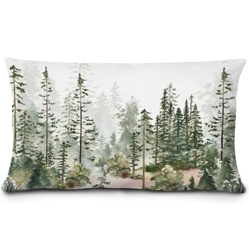 FWSFD Rustic Forest Tree Pillow Covers 12x20 Green Forest Decor Farmhouse Misty Mountain Landscape Botanical Lumbar Throw Pillow Covers for Home Bedroom Living Room