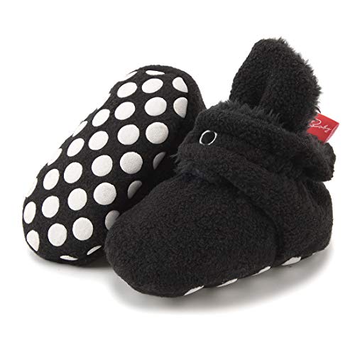 Mybbay Newborn Baby Boy Girl Soft Fleece Booties Stay On Slippers Shoe Non Skid Infant Toddler First Walkers House Socks Winter Crib Shoes, 01 Black+fur, 12-18 Months Toddler