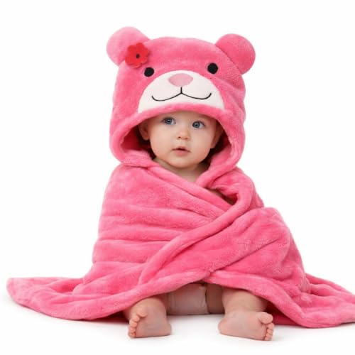 Image of First Kick Baby Hooded Blanket for Newborn (0-12 Months) - Soft 240 GSM Flannel Baby Wrap, Cute Bear Hood Baby Bath Towel & Swaddle, Lightweight Warm Crib & Travel for Infants - 82 x 82 cm Pink