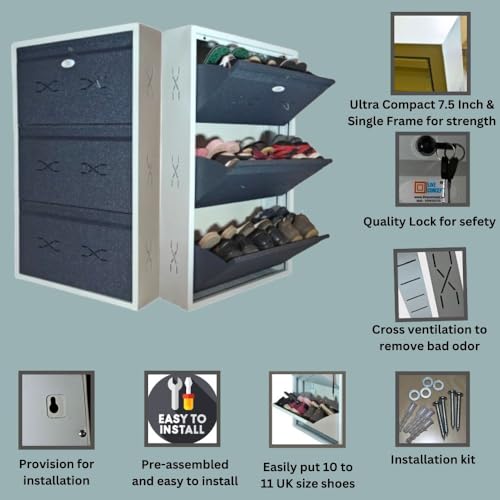 Image of I Double Decker Metal Shoe Rack I Single Lock I Wall Mounted I 3 Shelve (GreyColour) I Coad LC 2DDL-03 GR I Height 43 Inches, Width 26 Inches, Depth 7.5 InchesI 3 Years Warranty.