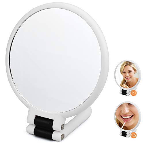 DESON Espejo Maquillaje, Espejo de Doble Cara para Maquillaje, Espejo Plegable con Mango, Espejo de Mano con Aumentos 1x/5x, Portátil
