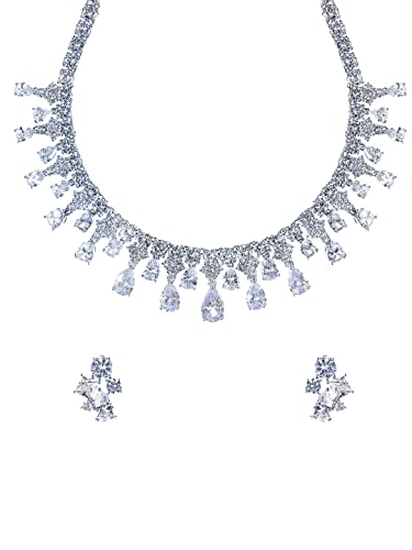 Image of Yellow Chimes Jewellery Set for Women Rhodium Plated Cubic Zircon Silver Necklace with Earring Set Floral Design Classic CZ Stoned Jewellery Set for Women and Girls