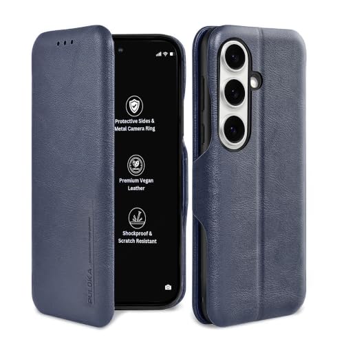 Image of PULOKA for Samsung Galaxy S24 - Sleek Flip Case - Premium Vegan Leather Phone Cover with Card Slot - Slim, Durable, Privacy Protection - Kickstand Function - Elegant Flip Wallet Cases - Blue