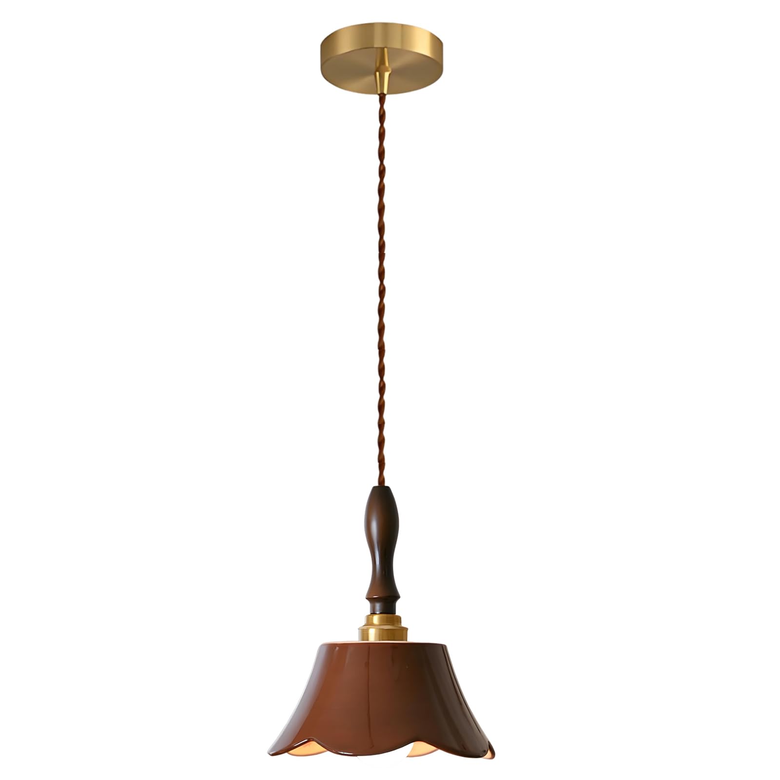 YNVIOZM Vintage Ceramic Pendant Light Retro Brown Hanging Ceiling Lighting Fixture with Solid Wood Finish Hanging Lamp for Bedside Kitchen Sink Entryway Lighting Adjustable Cord