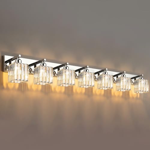 Image of Chrome Crystal Bathroom Vanity Light, 7-Light Modern Bathroom Lighting Fixtures Over Mirror, Matte Chrome Wall Sconce with Square Shade