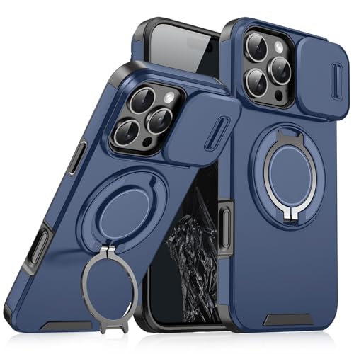 New Slide Camera Protection Magnetic Stand Phone Case for iPhone 16/15/14/13/12/11 Pro Max, with Rotating Stand and Privacy Camera Cover (15ProMax,Blue)