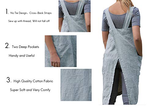 Women's Pinafore Square Apron Baking Cooking Gardening Works Cross Back Cotton/Linen Blend Dress With 2 Pockets Light Blue-L #TOP2