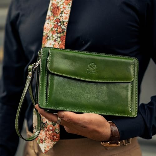Image of Time Resistance Leather Clutch for Men Organizer Wrist Bag Briefcase Handmade in Italy Gift Box Included