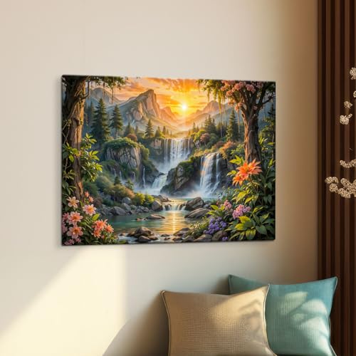 Image of ArtX Canvas Step Waterfall Painting Vastu, Big Size Scenery, Water Stream, Mountain Painting Vastu Water Fall, Rising Sun Wall Decor, Multicolor, Nature, 58.0 X 45.0 cm, Set of 1