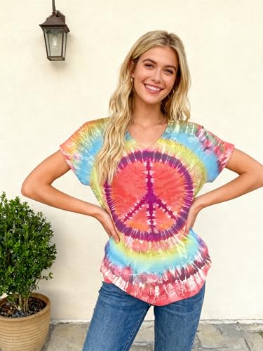 Women Hippie Shirt 60s 70s Peace Love Graphic Tie Dye V-Neck Tshirt Vintage Hippie Style Tee Tops — view 3