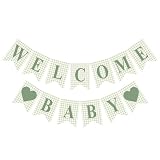 Hahafelt 1 Pcs Sage Green Gingham Welcome Baby Banner for Party Decorations Green Pre Strung Baby Shower Welcome Gender Reveal Paper Banner for Table, Wall or Mantel Display Party Decor Supplies