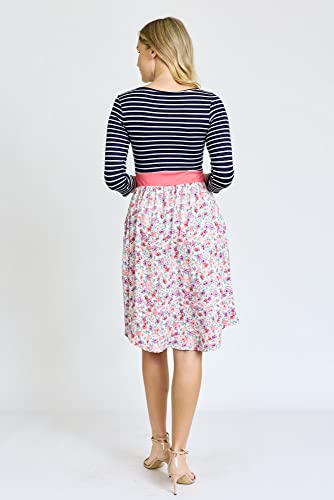 Image of Eloges Women's 3 /4 Sleeve Contrast Waist Band Floral Curved Hem Midi Dress