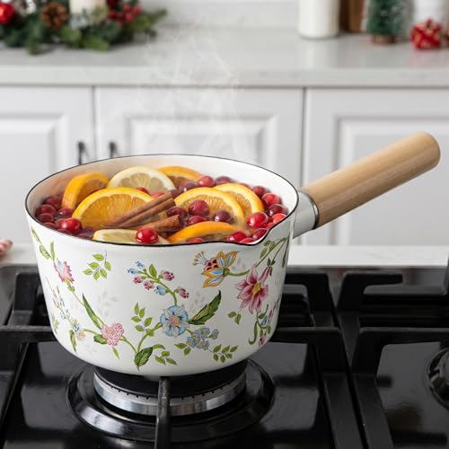 Jucoan 1 Quart Enamel Milk Pan with Pour Spout, Green Floral Small Saucepan Simmer Pot Stovetop Safe, Wood Handle for Hot Chocolate, Butter, Oatmeal, Holiday Simmer Pot Gifts, Measurement Marks by Jucoan - Image 8
