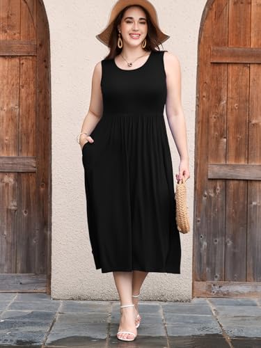 Image of LARACE Women's Plus Size Sleeveless Maxi Dress Casual Crew Neck Pleated Flowy Long Dresses with Pockets L-6XL