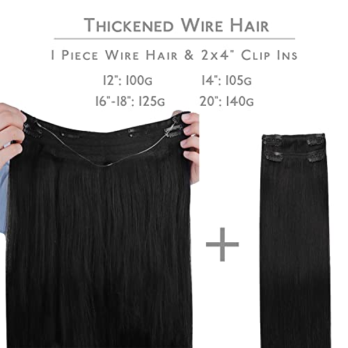 Image of WENNALIFE Wire Hair Extensions Real Human Hair 14 inch 105g Jet Black Remy Real Hair Extensions Invisible Wire Human Hair Natural Looking Easy to Apply Reusable for Volume and Length Straight Hair