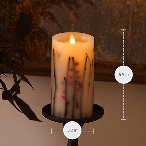 Image of Luminara - Flameless Flickering Moving Flame Battery Operated Unscented Candle LED Decor & Gift- Embedded Pillar Collection (Orange Berries & Twigs, 3.2 inch x 6.5 inch)