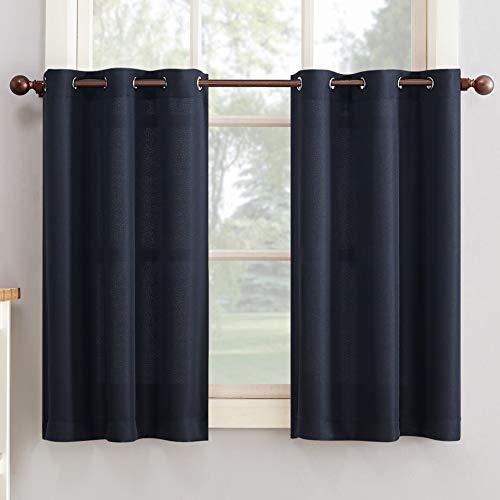 No. 918 Montego Casual Textured Semi-Sheer Grommet Kitchen Curtain Tier Pair, 56\" x 36\", Navy Blue