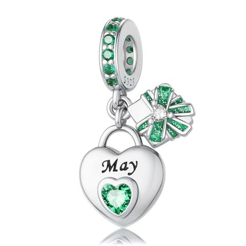 HappyStar 925 Sterling Silver Happy Birthday Bead Charm Love Heart Shape Birthstone Charms for Bracelets Dangle Pendant with 5A Cubic Zirconia Compatible Pandora Bracelets Jewelry Gift for Women