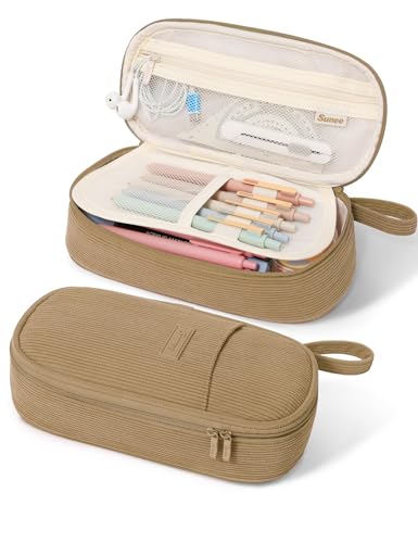 Image of SUNEE Cute Pencil Case, Large Pencil Pouch, Soft Corduroy Fabric Big Pencil Bag with Zipper, Kawaii Pen Bag Stationery Storage and Organizer, School Supplies for Teen, Student, Boys, Girls, Khaki