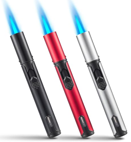Urgrette 3 Pack Butane Torch Lighters, 6-inch Refillable Pen Lighter Adjustable Jet Flame Butane Lighter for Grill BBQ Camping (Gas Not Included)