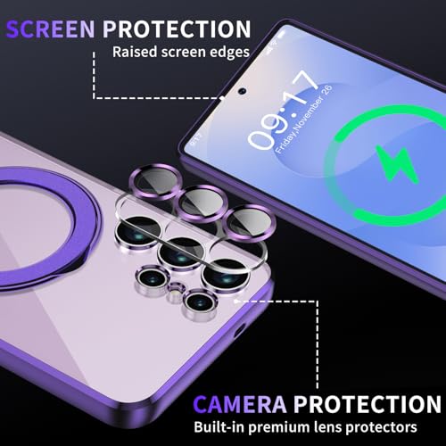Image of Magnetic Stand & Full Camera Lens Protector Case for Samsung Galaxy S25 Ultra[Compatible with MagSafe][Military Drop Protective]Not Yellowing Clear Slim Soft S25 Ultra Phone Case for Women Men,Purple