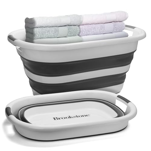 Image of BROOKSTONE 11 GALLON XL 24 inch Collapsible Laundry Basket & Clothes Hamper, Comfort Non-Slip Handles, Modern Laundry Hamper with Space Saving Design, Portable Pop-Up Hamper, BPA FREE, White /Black, 1 Pack