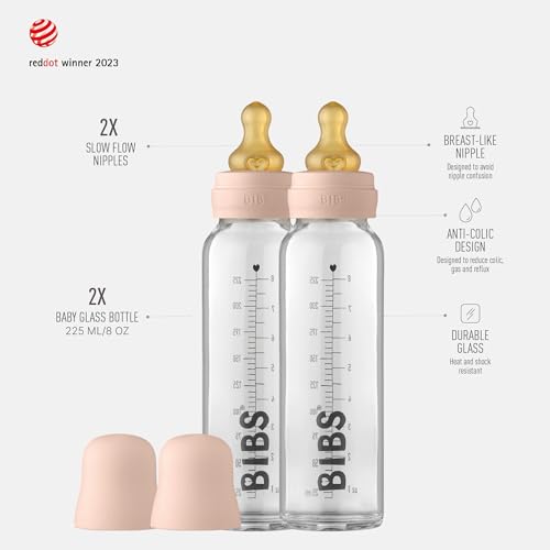 Image of Bibs Baby Glass Bottle | Anti-Colic Borosilicate Glass Bottles | Natural Vented Round Natural Rubber Latex Nipple | Consistent Flow Rate | 7.6 oz /225 ml | 2 Pack | Blush