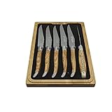 Laguiole en Aubrac Luxury Fully Forged Full Tang Stainless Steel Steak Knives 6-Piece Set, Olive Wood Handles And Stainless Steel & Brass Plates, Matte Bolsters