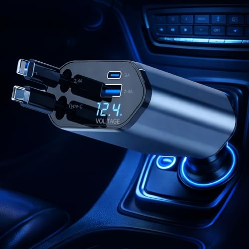 Image of Upix 4-in-1 Retractable Car Charger 120W Super Fast Charging, Dual Ports Car Adapter with Type-C & Lightning Cable for iPhone, Android, ipad - Compact & Tangle-Free