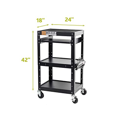 Pearington Av Presentation Cart Stand For Video Projector, Tv, Laptop Computers, Printers, Metal Construction Rolling Storage Cart With Adjustable Shelves, 4 Wheels, 4 Outlets, 12Ft Cord, Black #TOP6