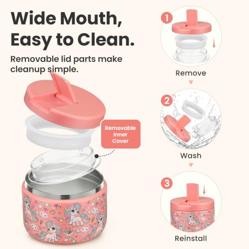 Image of Pawtong 12oz Insulated Vacuum Food Jar with Buckle Lid Wide Mouth Soup Thermo for Hot Food Kids Leakproof Stainless Steel Lunch Container (Pink-Horse)