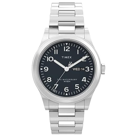 Timex Orologio da uomo Waterbury da 39 mm con cinturino in acciaio inox, quadrante nero, cassa in acciaio inox TW2W14800