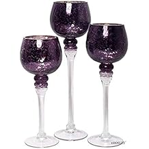 Hosley Set of 3 Crackle Purple Glass Tealight Holders 12 Inch, 10 Inch, 9 Inch Heights for Captivating Candlelight Ambiance Radiant Elegance