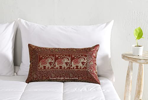 Image of Ravaiyaa - Attitude is everything Banarasi Brocade Silk Pillow Cover Elephant Design Cushion Pillow Sham Case Home Decorative Set of 2 Piece 12 inch X 20 inch Inch