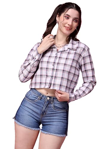 Image of POPWINGS Casual Pure Cotton Checks Crop Shirt for Women | Stylish Western Crop Shirt for Women | Full Sleeves Crop Shirt for Women