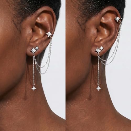 SLUYNZ 925 Sterling Silver Fashion Star Cuff Earring Chain for Women Star Crawler Earring Wrap Earrings (One Earring(Left)-Silver) by SLUYNZ - Image 2
