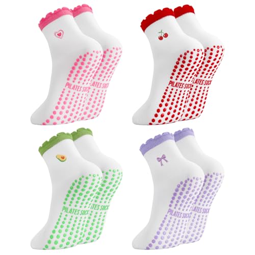 Image of Jspupifip 2 /4 /5 Pairs Cute Pilates Socks for Women Embroidery Non Slip Yoga Socks for Barre Workout Hospital