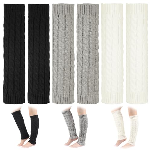 JIZZU 3 Paar Damen-Winterstulpen, modische Damengamaschen, gestrickte Winterstulpen für Ballett, Y2K-Tanz, Eislaufen (Schwarz/Weiß/Grau)