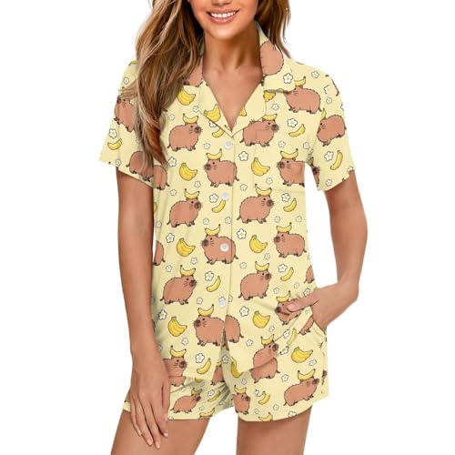 Image of Women's Short Sleeve Sleepwear Button 2 Piece Plus Size Pajamas Casual Soft Stretchy Funny Nightwear with Pockets